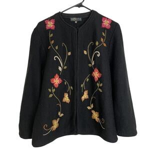 Novica Floral Embroidered Cardigan Sweater Womens Large Black Button Wool Alpaca